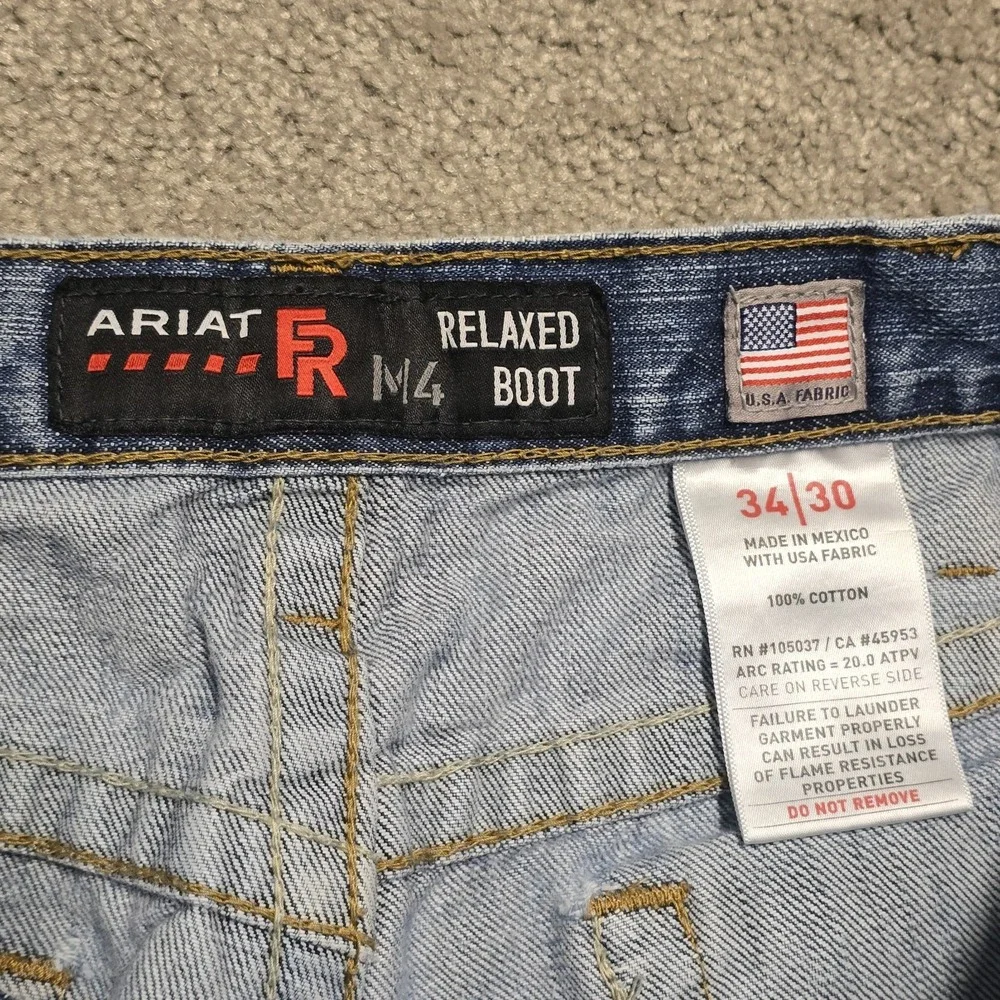 Ariat‎ FR M4 Relaxed Boot Cut Jeans Distressed Denim Men's 34x30 CAT2